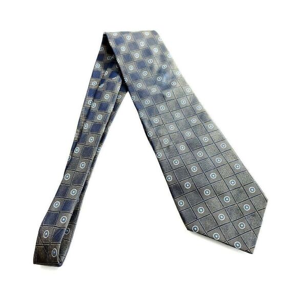 Bergamo New York Woven Brown Blue Geometric Wide Silk Tie - Picture 6 of 6